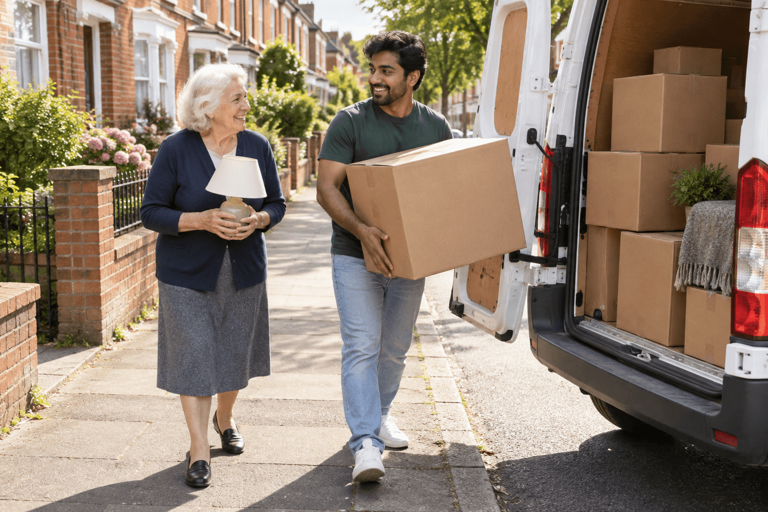 Ravi carries a big box to the van. Mrs Green carries the lamp and smiles at him.
