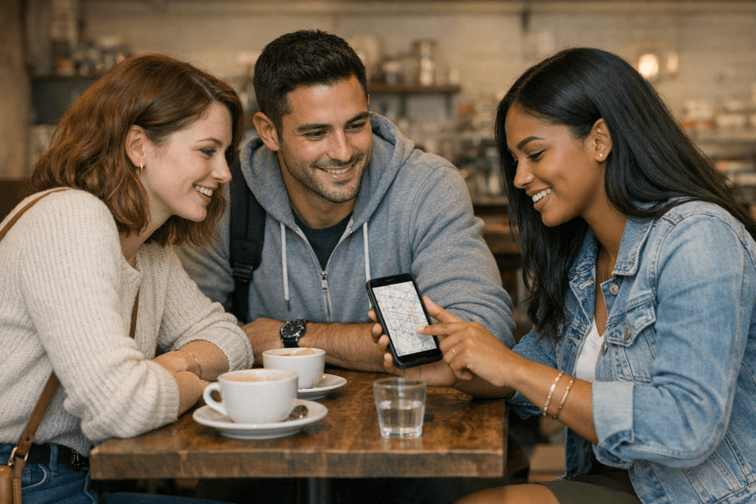 Rosa and Marco are in a café with their friend Priya. Priya shows them a map on her phone and they all smile.